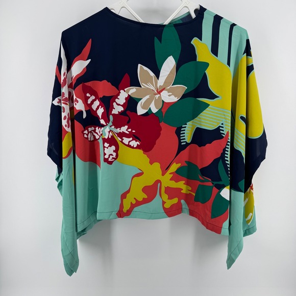CHICOS Floral Print Kimono Style Top Women L XL Navy Blue Red Yellow Mint Green - Picture 2 of 6